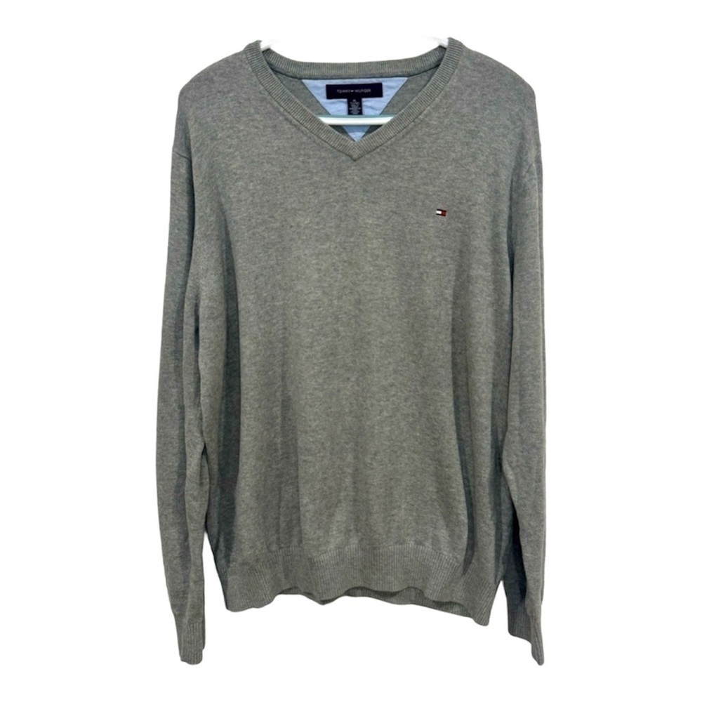 Tommy Hilfiger V Neck Sweater Gray Cotton Knit Logo Men XL Classic